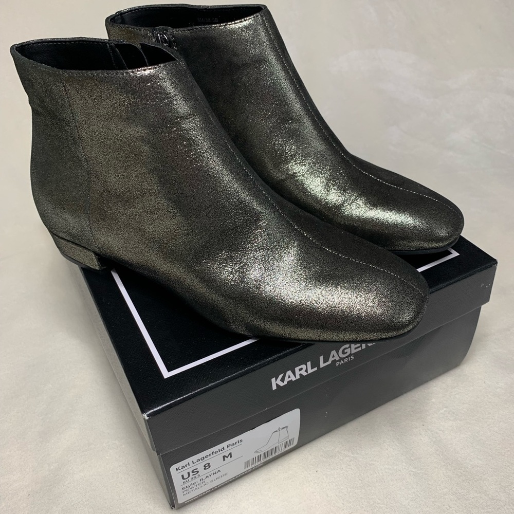 NWT! Ilayna Pewter Metallic Suede Boots, Size 8, by Karl Lagerfeld RARE!